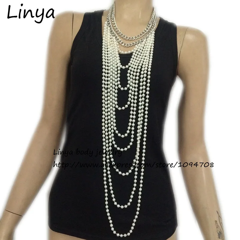 

NK-139 GOLD COLOR WHITE BEADED DRAPE CHOKER Statement Necklace LONG