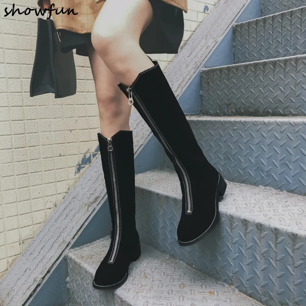 

Women's Genuine Suede Leather Front Zip Winter Knee High Boots Brand Designer Low Heel Comfortable Knight Boots Autumn Shoes Hot