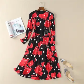 

Women Dress 2018 High Quality Spring Summer Runway O-neck Long Sleeve Printed Dresses Vestidos DX0621