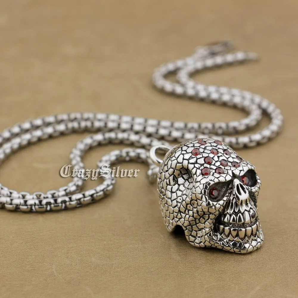 

925 Sterling Silver Red CZ Stones Skull Mens Biker Pendant 9S024 Free Shipping