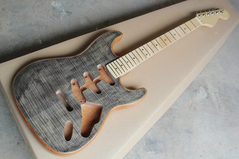 

Factory Custom Semi-finished Gray Electric Guitar Kit(Parts) with Flame Maple Neck and Veneer,No Hardwares,Offer Customized