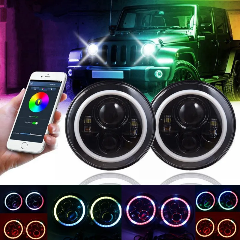 Marloo " светодиодный фары RGB Halo Angel Eye с Bluetooth пультом дистанционного управления для Jeep Wrangler JK LJ CJ Sahara Sport Rubicon Hummer