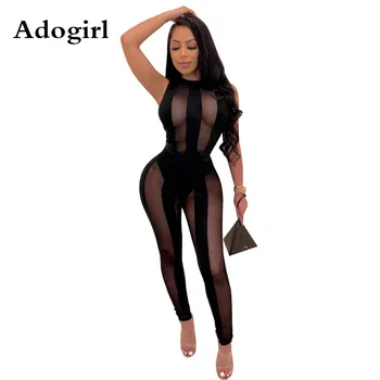 

Adogirl Sexy Sheer Mesh Patchwork Jumpsuit Woman O Neck Sleeveless Slim Romper Party Female Night Club Bodysuit Overalls