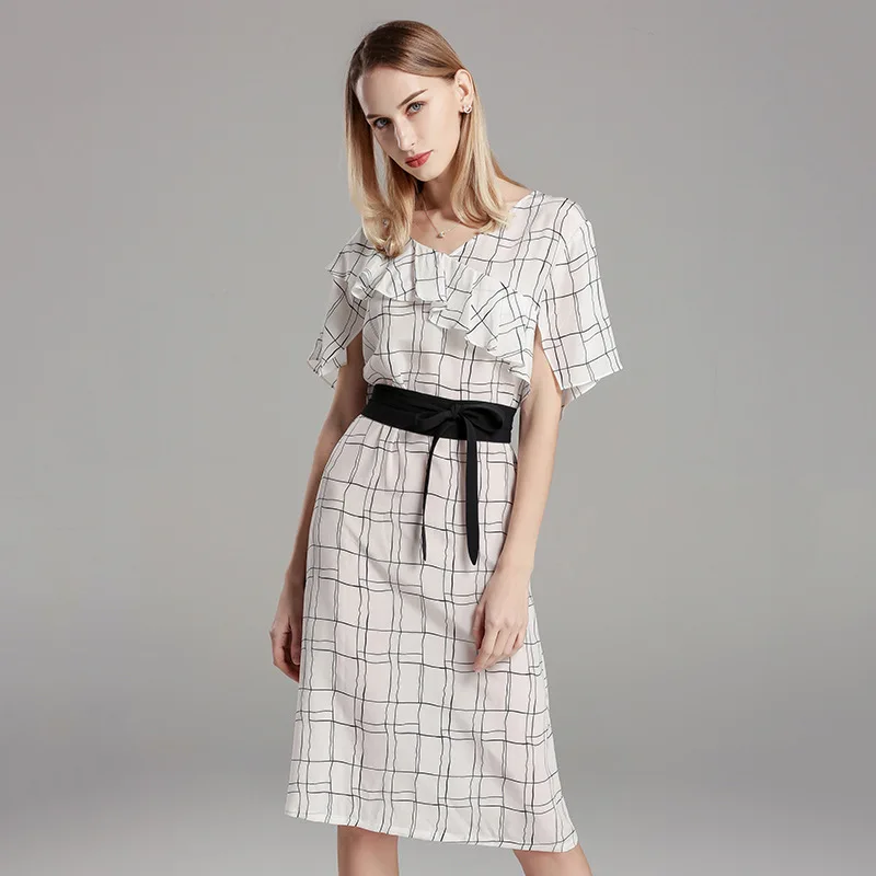 Women Midi Dress Geometric Print Summer Dresses Silk Short Sleeve Vestidos Mujer Office Lady Slim A-line Elegant Dress 2019