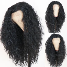 Черные волосы Свободные кудрявые парики шнурка длинные натуральные Детские волосы 180 плотность бесклеевой жаростойкий синтетический парик фронта шнурка для женщин