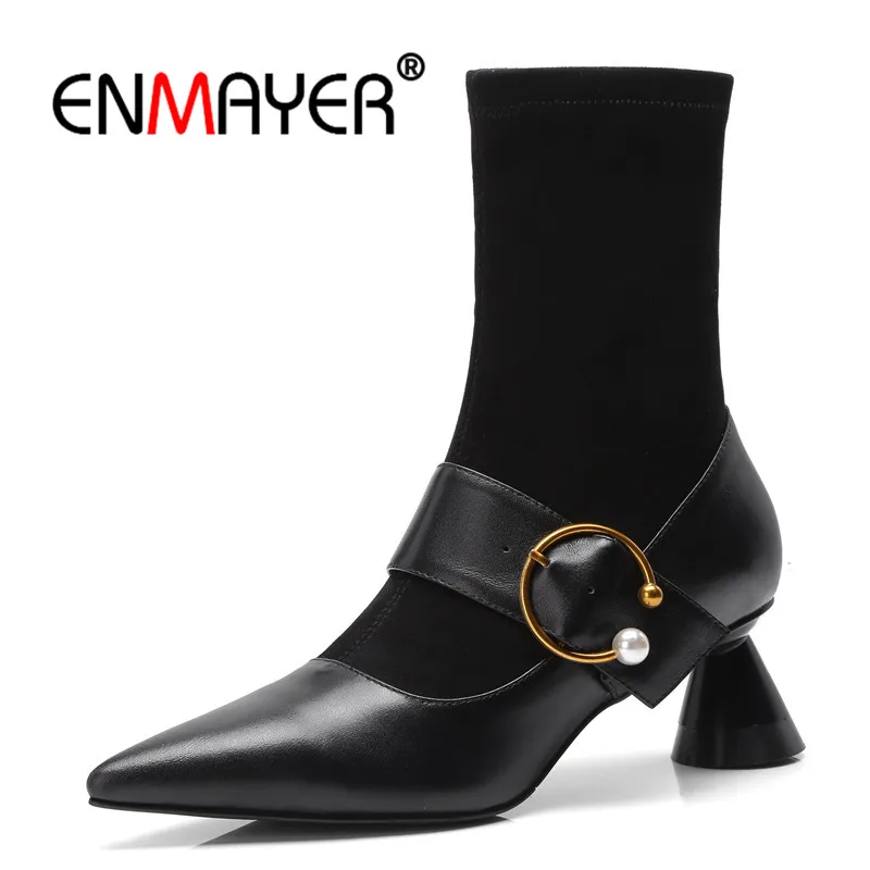 

ENMAYER Buckle Woman Ankle boots shoes Cow Leather Winter Causal Strange heel Ladies Fashion boots Size 34-40 Pointed toe CR1102