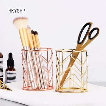 

HKYSHP Creative cute gold pen holder rose gold wrought iron storage basket simple tableware storage basket school office supplie