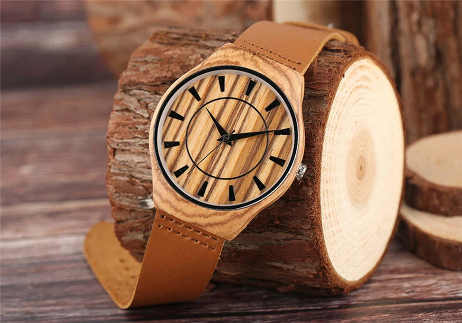  Mens Bamboo Wood Wrist Watch Creative Nature Wooden Quartz Watches Genuine Leather Band Clock Reloj  (7)