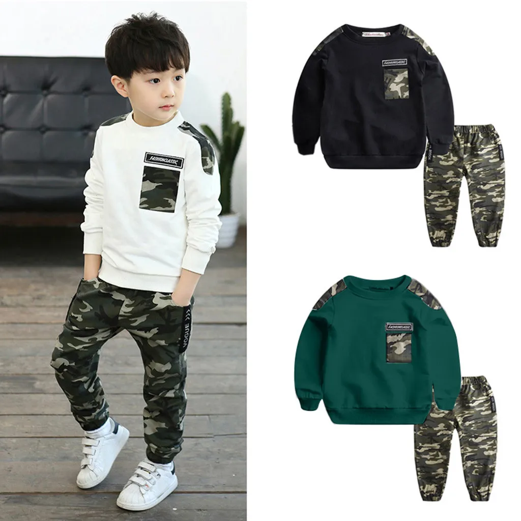 

Teen Kids Clothes Baby Boys Costume Letter Tracksuit Camouflage Tops Pants 2PCS Children Boy Winter Outfits Set roupa infantil