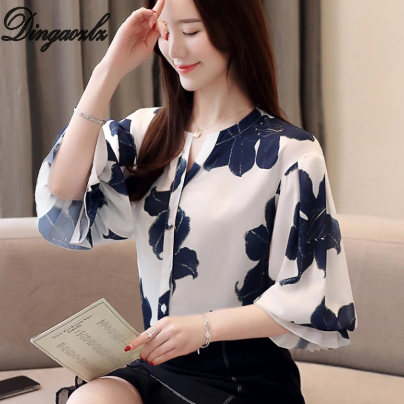 

Dingaozlz Chiffon blouse Lantern sleeve Casual Tops Summer Printed shirt New fashion Women clothing Blusa
