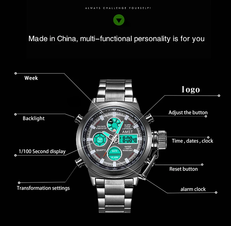 AMST новые мужские наручные часы, цифровые часы с двойным дисплеем, мужские многофункциональные кварцевые часы, водонепроницаемые часы с хронографом 50 м