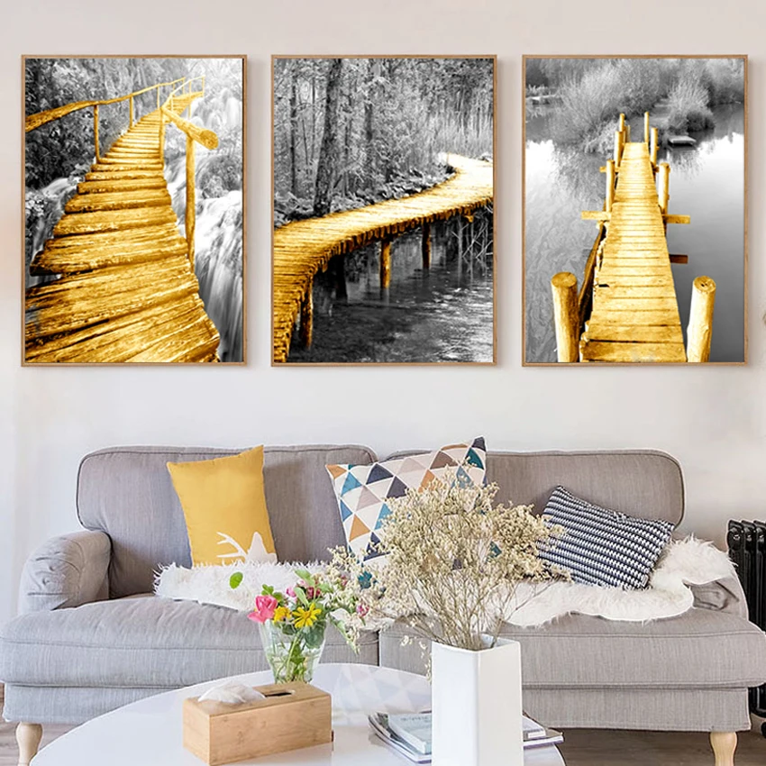 

Nordic Style Forest Poster Print Minimalist Wall Art Canvas Painting Landscape Gold Bridge Picture Home Decor