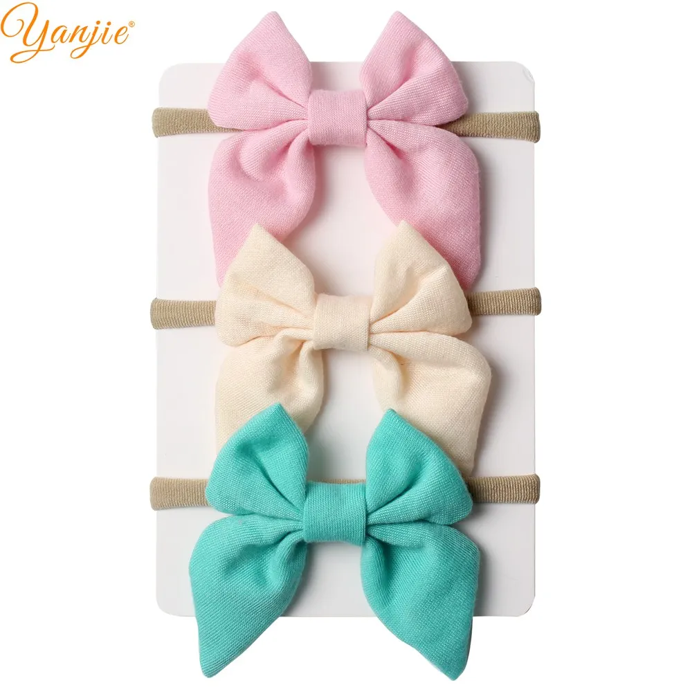 3pcs/set 3'' Cotton Bow With Khaki Nylon Headbands For Girls Solid Hair Bows Thin Elastic Nylon Headband Hair Accessories