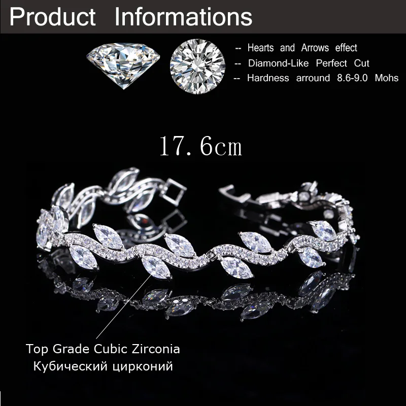 CWWZircons High Quality White Gold Color Women Cubic Zirconia Leaf Shaped Fashion Bridal Wedding Party Jewelry Bracelets CB099