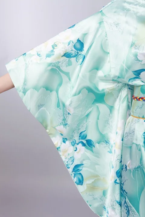 Светло-голубой Лидер продаж Традиционные японские Для женщин кимоно хаори Оби юката из искусственного шелка и Сатина вечернее платье цветок один размер H0047