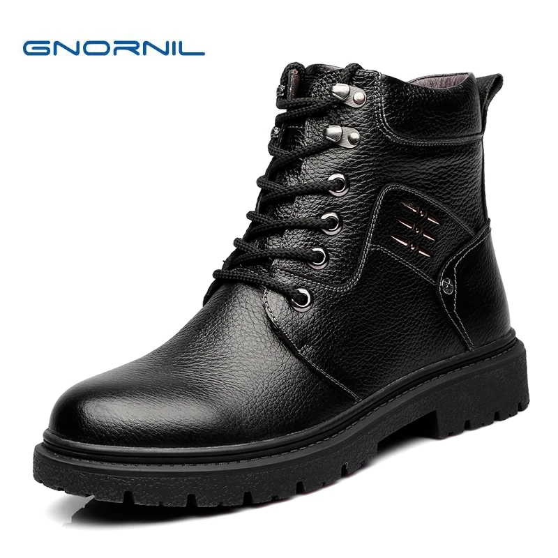 

GNORNIL 2019 High Quality Genuine Leather Men Boots with Fur Winter Ankle Snow Boots Supper Warm Male Shoes Martin Boots