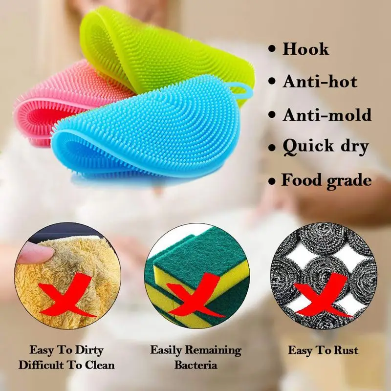 SS-001 Scrubber, Silicone Sponges Multipurpose Antibacterial Kitchen Scrub Brush for Dish Pot and Veggies Fruit Non-Stick Pan
