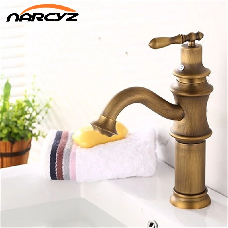 Basin Faucets Antique Brass Faucet Bathroom With Single Handle Vintage Deck Mount Torneiras Hot Cold Bath Mixer  7404