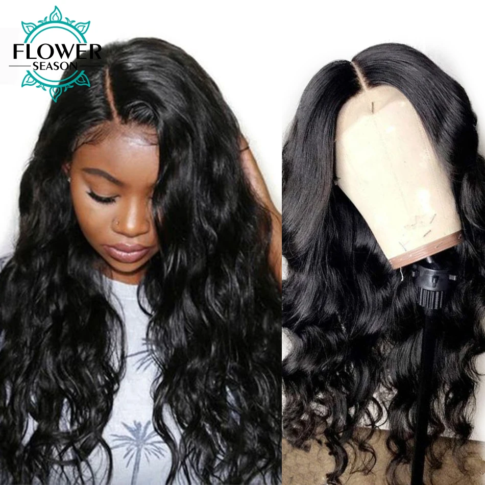 

Long Wavy Glueless Lace Front Human Hair Wigs Indian Remy Hair For Women #1 Jet Black Hair Color 130% density FlowerSeason
