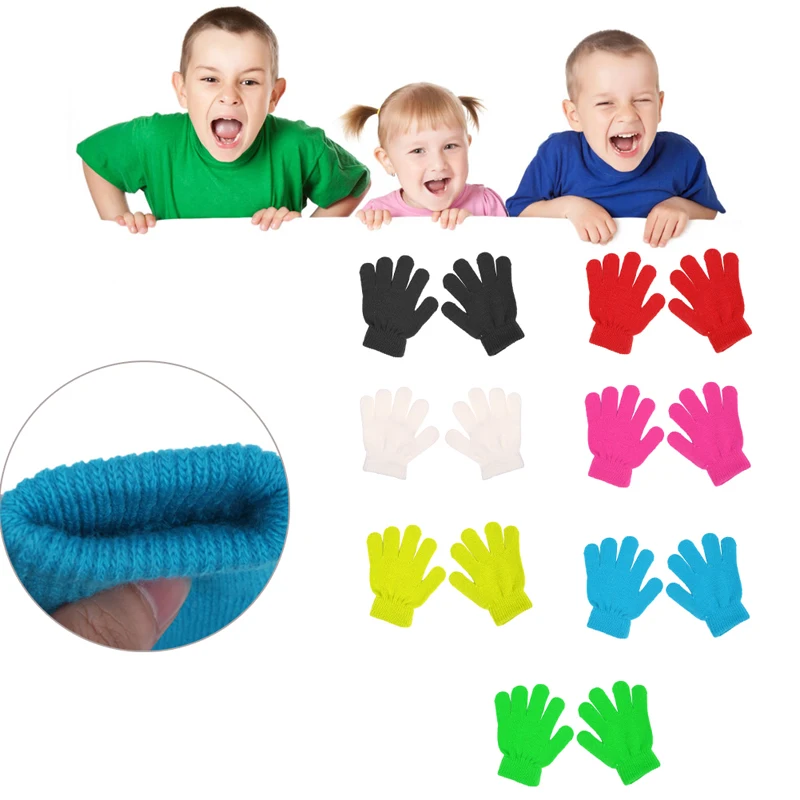 Милые зимние перчатки для маленьких мальчиков и девочек, одноцветные тянущиеся вязаные варежки#0712