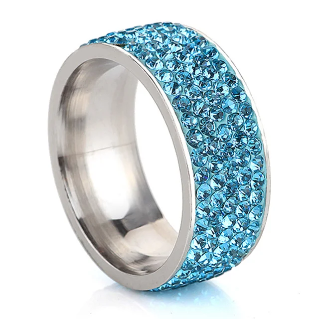 SHUANGR 5 Row Lines Luxury CZ Crystal Clear Blue Purple Gold Color Rings For Women Stainless Steel Ring Jewelry bijoux femme