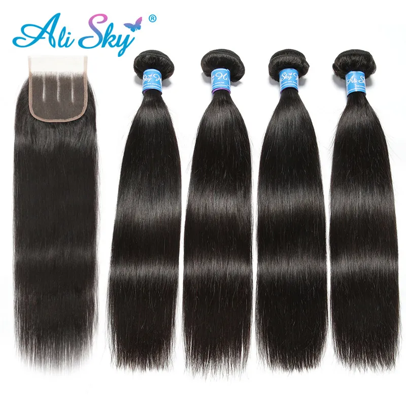 

Ali Sky Hair Brazilian Straight Hair Bundles 4 Bundles With Closure Remy Hair Bundles With Closure 4"x4" Top Lace Closure