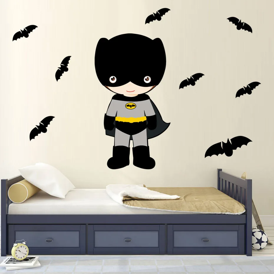 Cartoon Super Hero Bat Spider Man Wall Decal Room Decor American Captain Stickers for Nursery Children's Kids Bedroom Home Mural