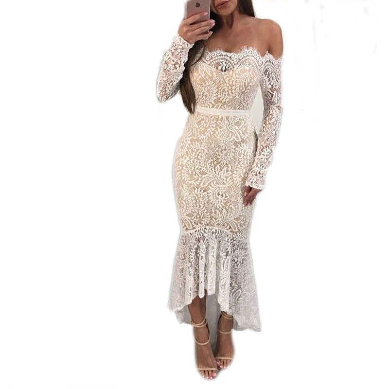 

2017 new sexy women ladies long sleeve bodycon sheer lace floral long dress autumn fashion off shoulder asymmetrical long dress