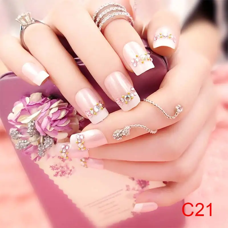 24 Pcs/Set 3D Fake Nails With Glue Wedding Bride Full Nail Tips Middle-Long Cute French False CD88 | Красота и здоровье