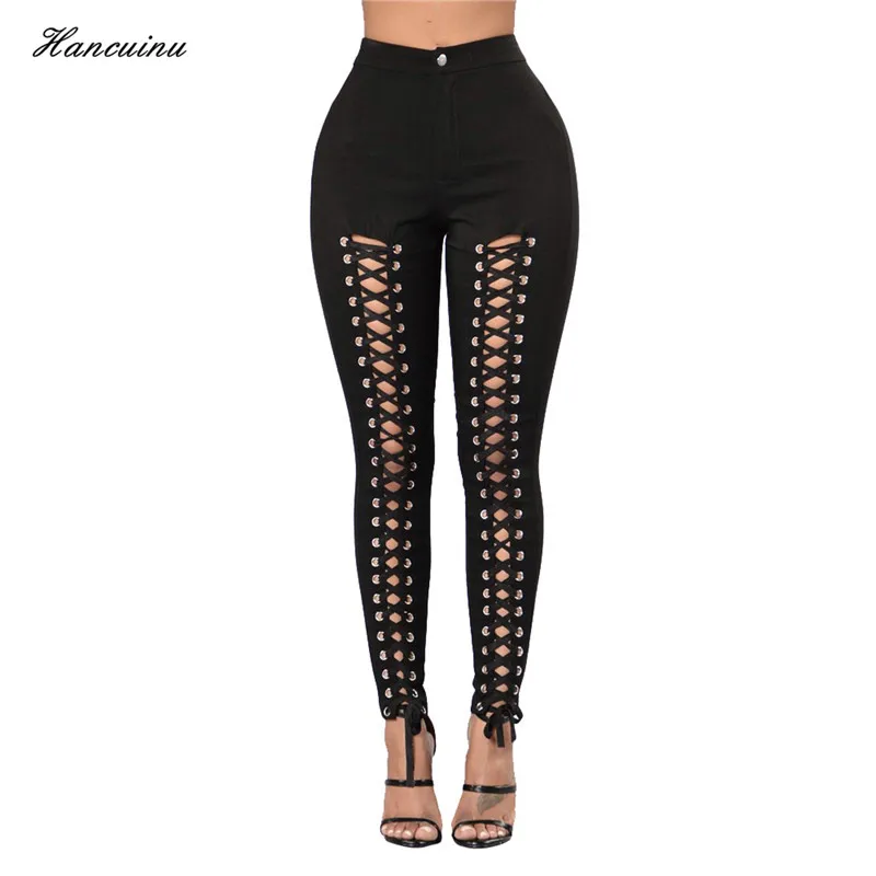 

Hancuinu 2017 Fashion Women Lace Up Denim Jeans Sexy Hollow Out Pencil Pants 4 Color Choose Jeans Femme
