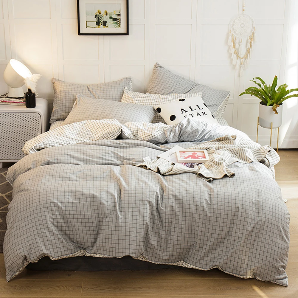 

2018 Light Grey Plaids Scandinavian Duvet Cover Set Twin Queen King Flat Sheet or Fitted Sheet Soft Cotton Bedlinens Pillowcases