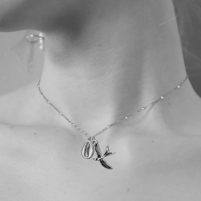 

HOT Bohemian 925 jewelry Pendant Necklaces For Women Fashion silver bird shell shape Charm Chains Necklace Jewelry Wholesale