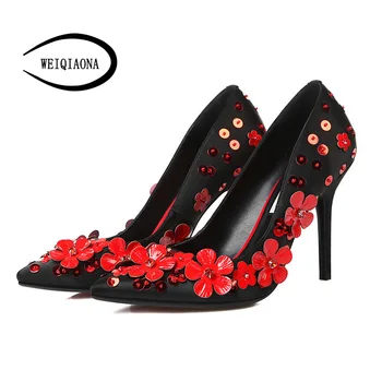 

WEIQIAONA Genuine Leather Shoes 9.5cm High Heels Pumps Handmade Luxury Hot Ladies Fashion Pumps Wedding shoes Party shoes