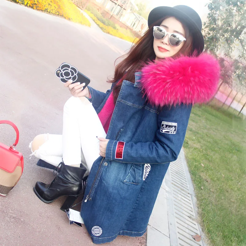 2022 new autumn winter jacket coat women Denim long jacket Raccoon fur collar and faux fur lining thick warm Liner