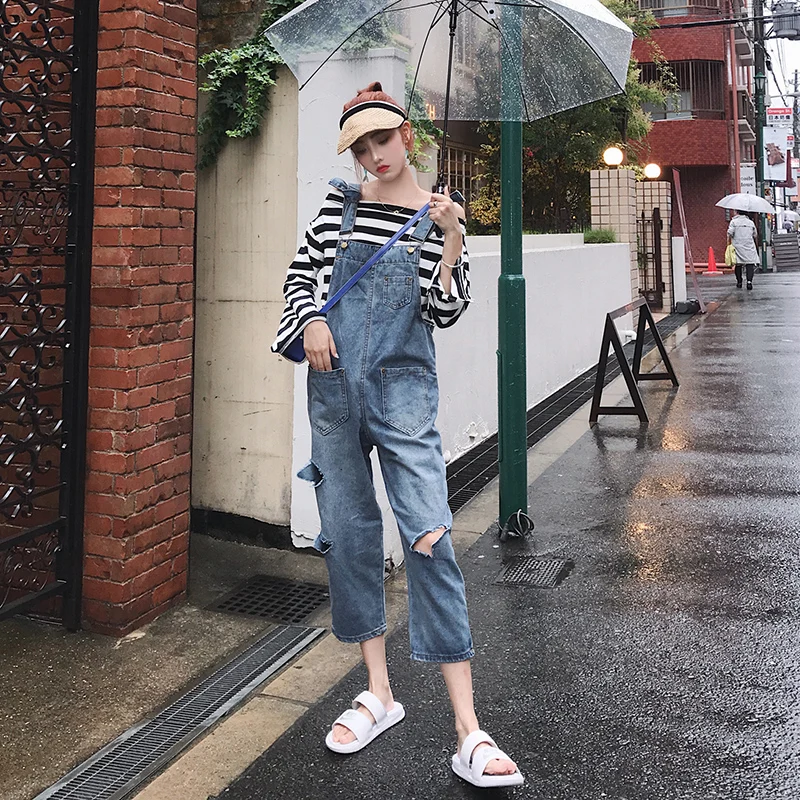 

Jumpsuits Women Denim Harjauku Ripped Hole Pockets Harajuku Streetwear Korean Style Womens Jumpsuit Sleeveless Buckle Kawaii
