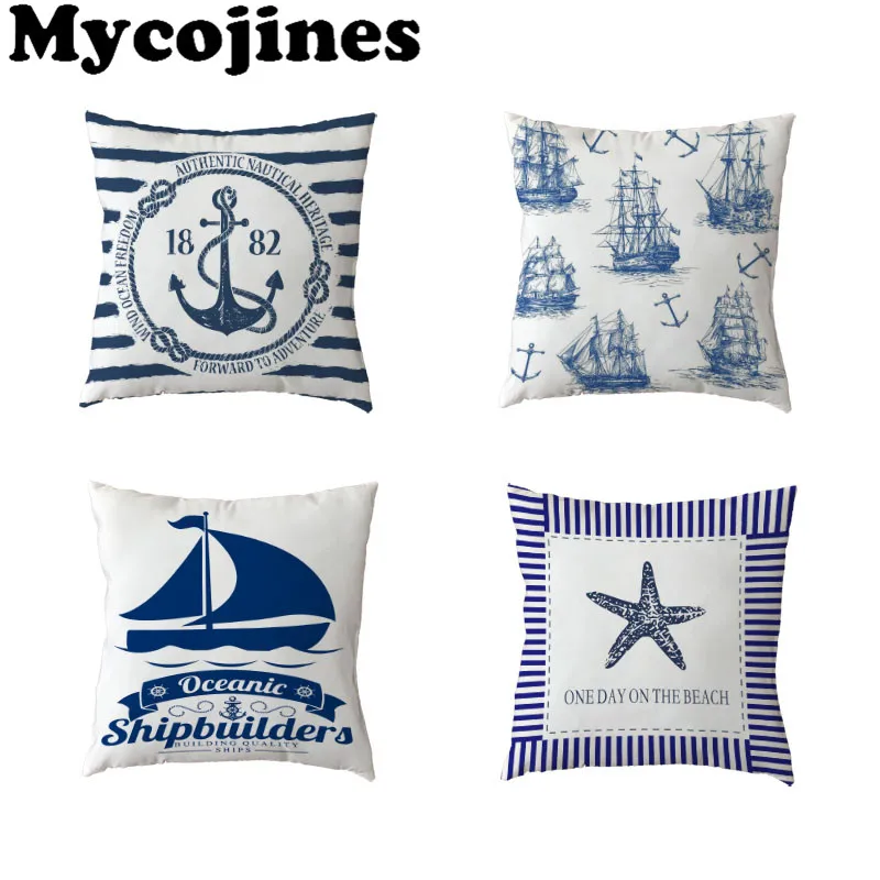 

All Marine White Throw Cushion Cover Anchor SailboatPillowcase Rudder Starfish Blue Stripe Home Bedroom Sofa Decor Pillows Cases