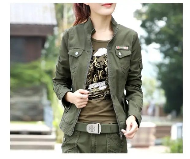 Камуфляжная Женская куртка большого размера S-6xl весна осень Повседневный стиль бойфренд облегающий армейский зеленый стоячий воротник на молнии Женский - Цвет: Army green
