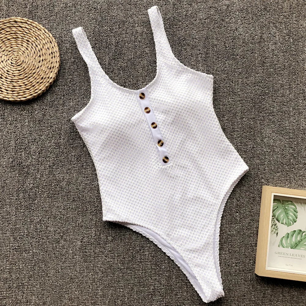 

White high cut one piece swimsuit female bathing suit Crochet sexy bikini Button monokini new backless swimwear swim 2019