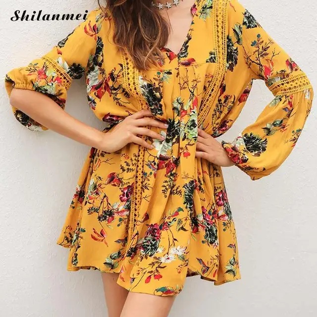 Lace Boho Dress Women Yellow Fl V Neck Bell Sleeve Beach Summer Lace Boho Dress Women Yellow Fl V Neck Bell Sleeve Beach Summer Dresses 2017 Long