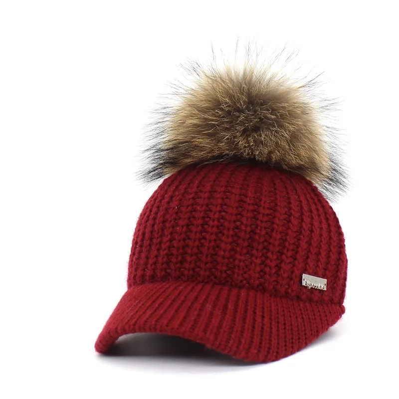 Ditpossible Брендовая женская зимняя шапка, вязаные бейсболки, шапка с помпоном из натурального меха, регулируемая бейсболка - Цвет: red