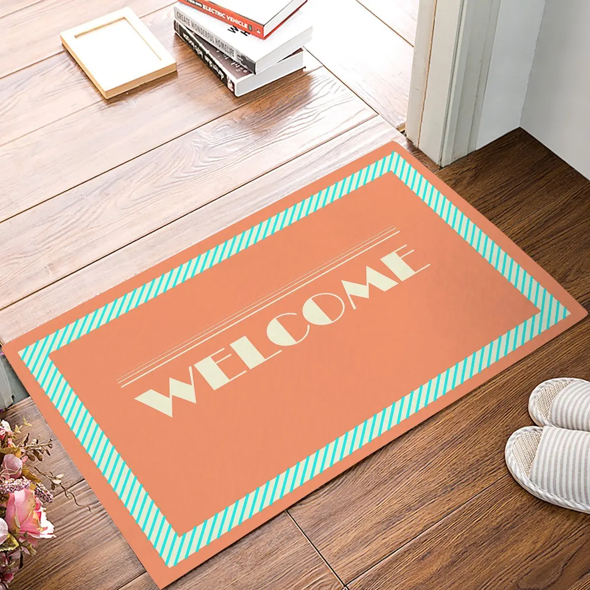 Orange Stripe Square Door Mats Floor Bath Entrance Rug Mat