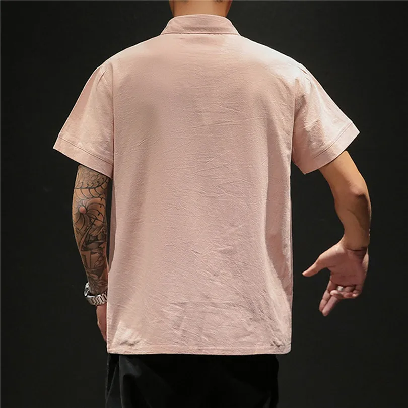 New Fashion Men Summer Cotton And Linen Short Sleeve Solid Color Stand Neck Loose Casual T Shirt Blouse Polo Top #4A24 (15)
