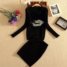 Winter 2pcs Set Women Sexy Beaded Lips Pattern Butterfly Sweater Jacket Wrap Hip Skinny Skirt Winter Suits for Women
