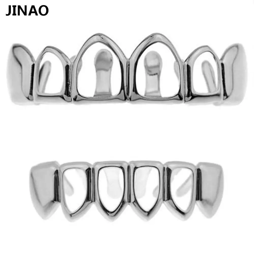 JINAO хип-хоп золотые украшения для тела Grillz вампир полый гриль зубы верхние и нижние грили стоматологический рот Панк зубы колпачки Косплей вечеринка - Окраска металла: Silver Set