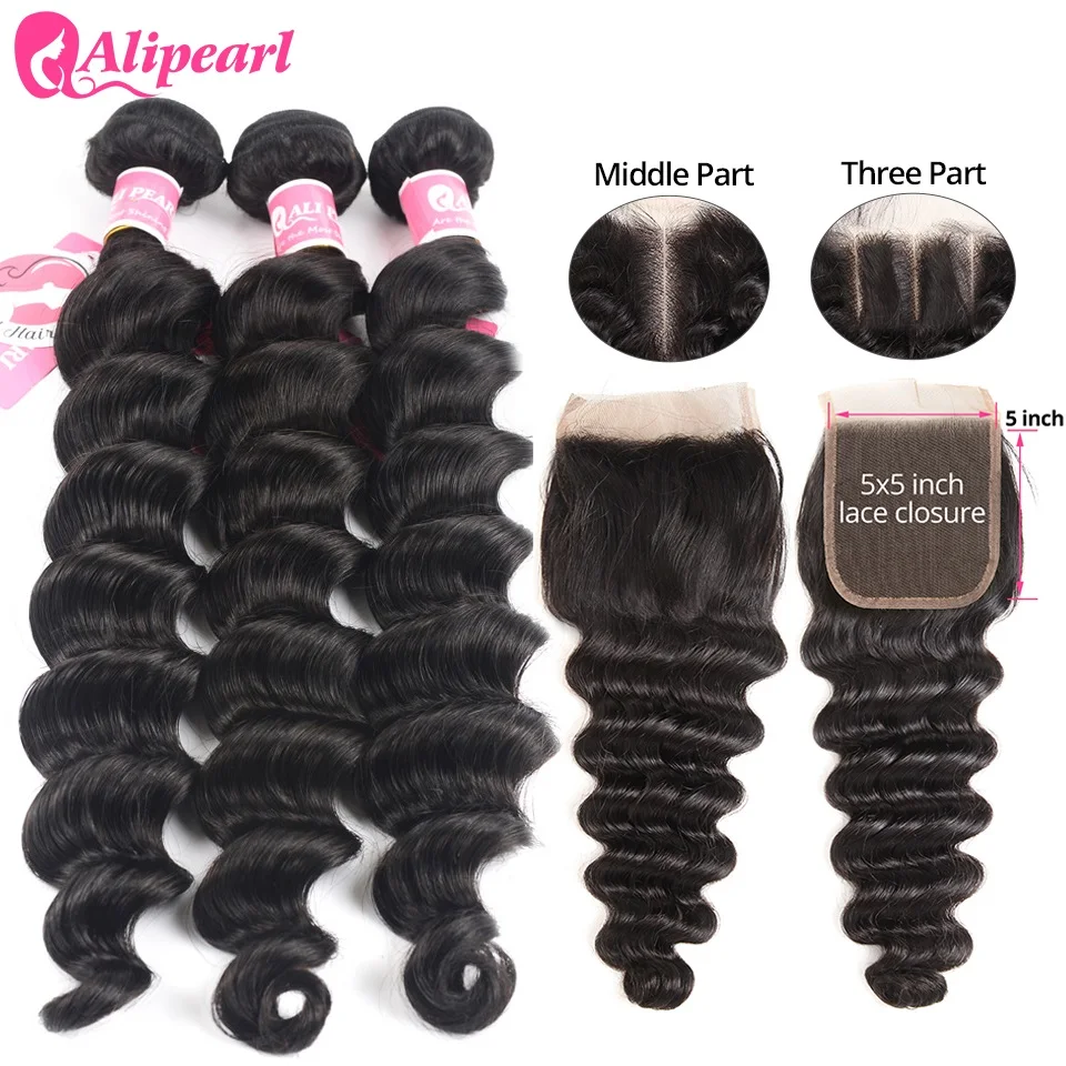 

Loose Deep Wave Bundles With 5x5 Closure Free Part Brazilian Human Hair 3 Bundles With Closure Remy Hair Extension AliPearl Hair