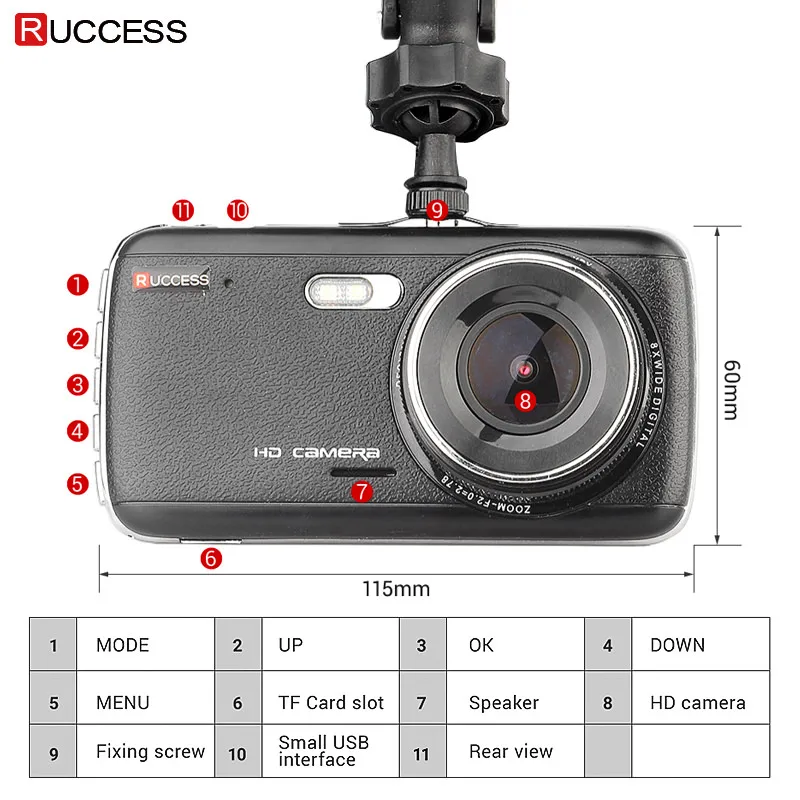 Ruccess DVR 4 дюймов ips Видеорегистраторы для автомобилей Двойной объектив Камера Full HD
