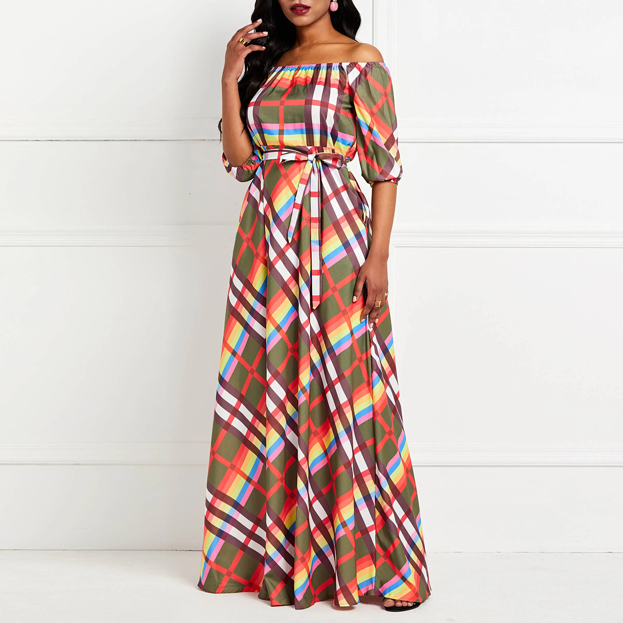 

Long Dresses Women Casual Elegant Sexy Club Summer Office Lady Plus Size Chiffon Plaid Print Strapless Off Shoulder Female Dress