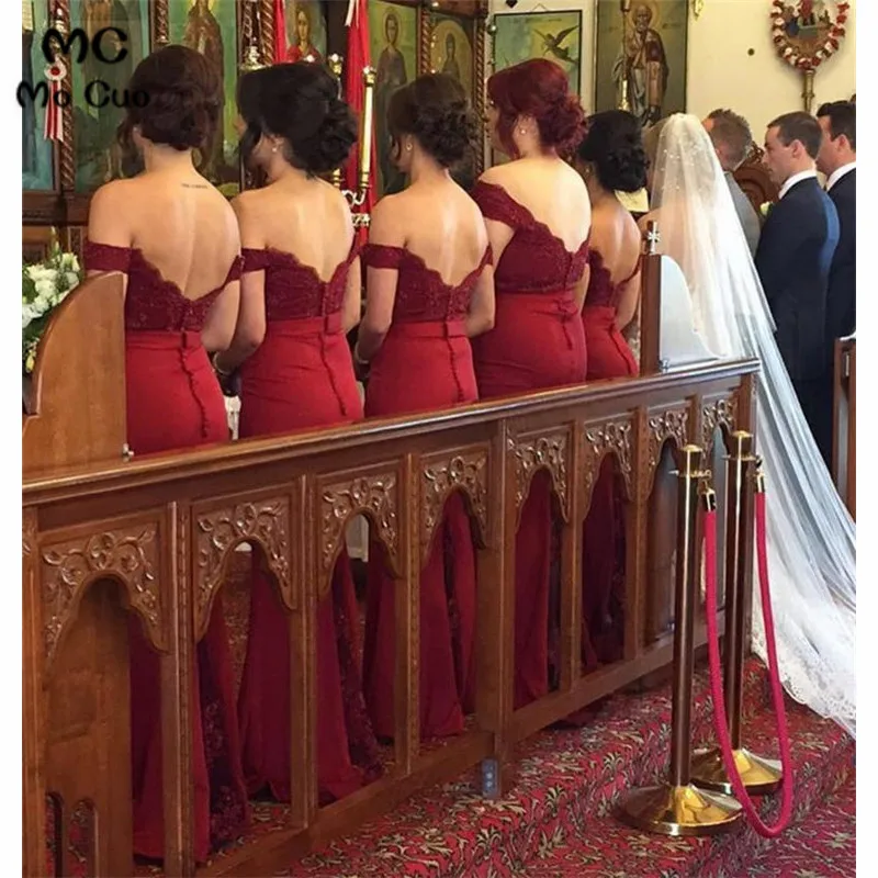 Lace Appliques Off The Shoulder Long Jersey Mermaid Bridesmaid Dresses333