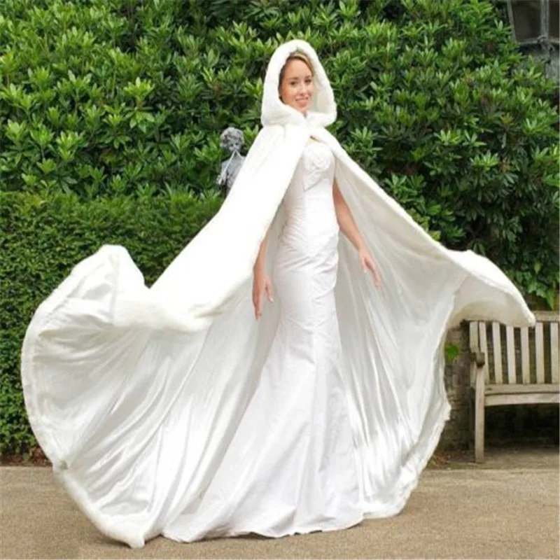 Long Faux Fur Trim Satin White,Ivory Bridal Hooded Cloak Wedding Cape ...