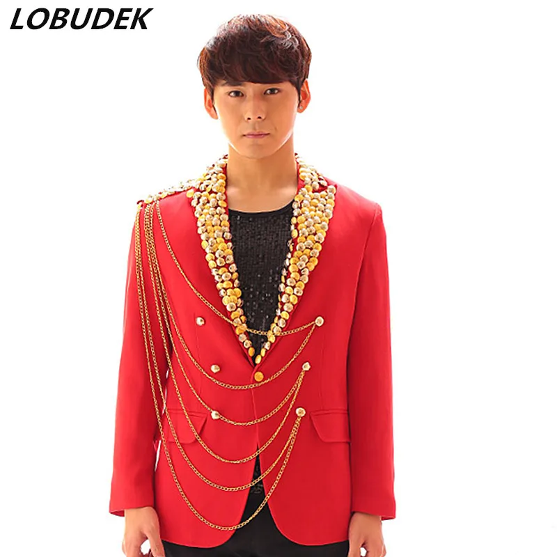 

Tide Male Red Chain Button Jacket Coat Punk Style Men Singer Rock Drum Dancer Stage Costume Nightclub Bar DJ Host Show Outerwear